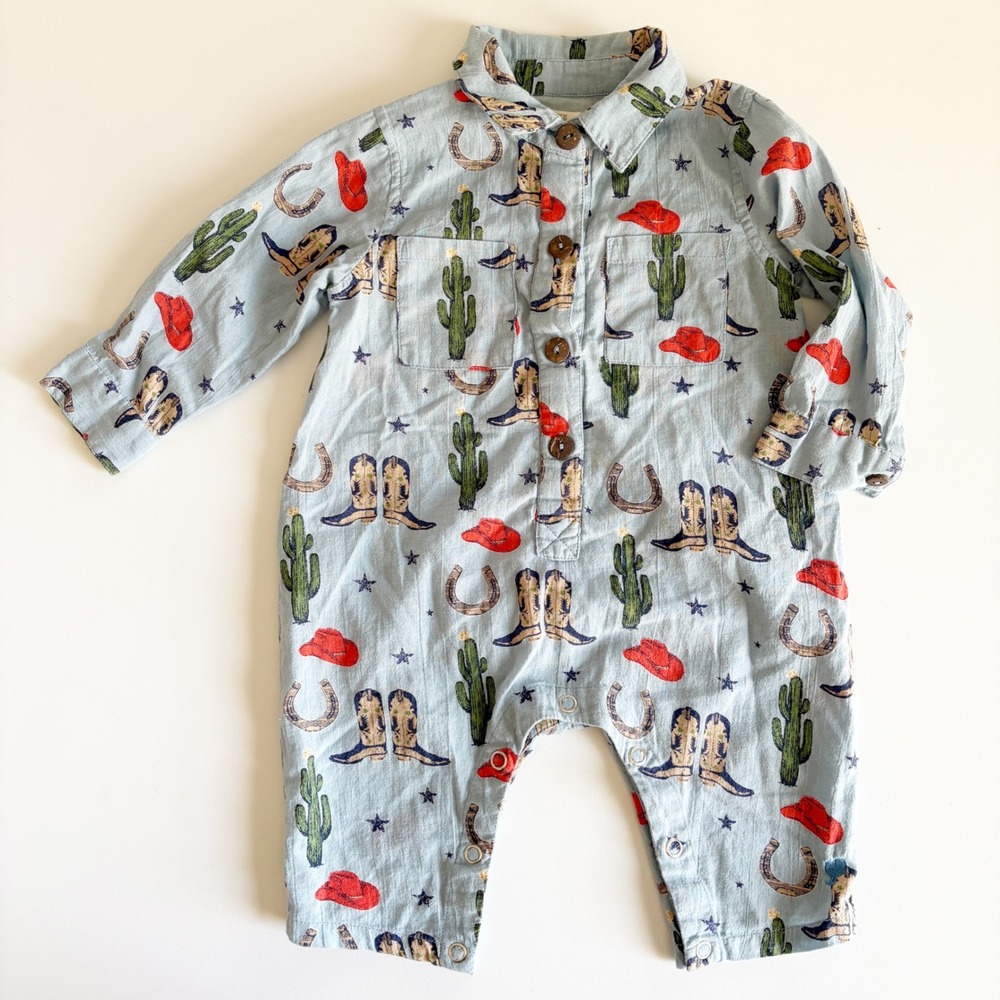 Pink Chicken Blue Rooster Baby Tiny Rodeo Western Cowboy Cactus Romper Size 3-6M